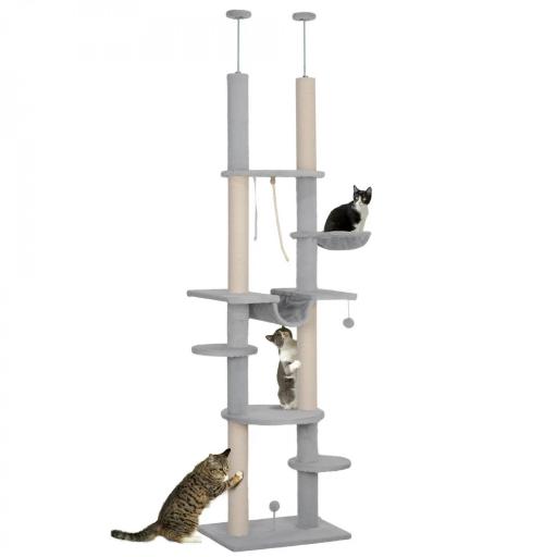 Árbol para Gatos de Suelo a Techo 225-255 cm con Hamacas Plataformas Juguete de Cuerda Bola de Juguete Gris [9]