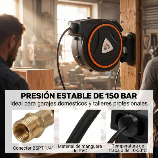 Manguera Compresor Aire 20 m + 2 m Conector de 1/4'' BSP con Soporte para Pared Giratorio 180° Negro [8]