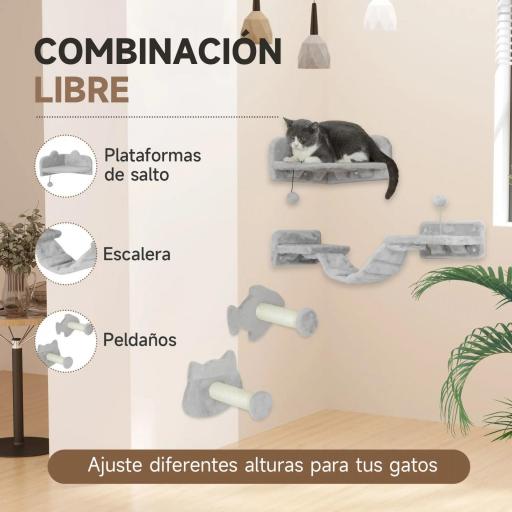 Rascador de Pared para Gatos con 2 Postes de Sisal Plataforma Doble con Escalera Suave y 1 Plataforma para Saltar Beige [4]