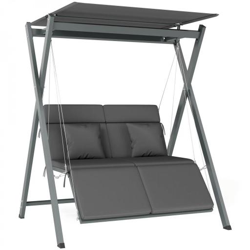 Columpio de Jardín de 2 Plazas Convertible en Cama con Toldo Ajustable UV30+ y Cojines 142x130x168 cm Gris Oscuro [7]