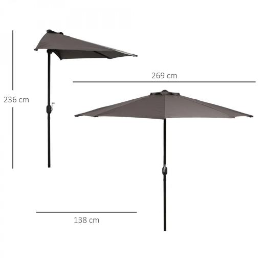 Sombrilla 269x138x236 cm Parasol de Jardín con Manivela y Forma Semicircular Tela Poliéster 180 g/m² para Exterior Terraza Patio Piscina Gris [1]