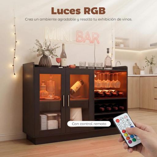 Mueble de Bar con Luces LED RGB y Botellero para 12 Botellas Armario Buffet para Vinos para Comedor Salón Negro [4]