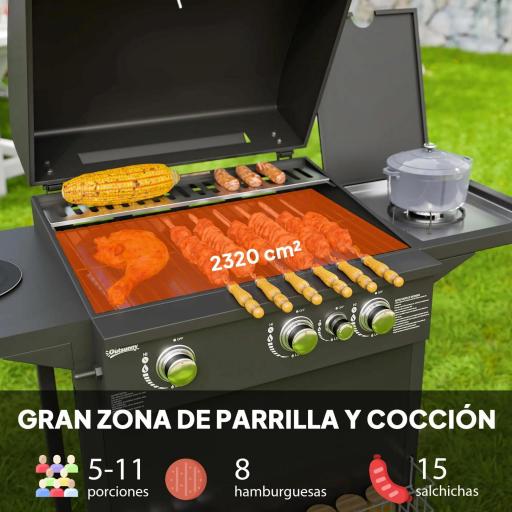 Barbacoa de Gas con 3 Quemadores Parrilla para 5-9 Personas Quemador Lateral Termómetro y Ruedas 123x58x98 cm Negro [7]
