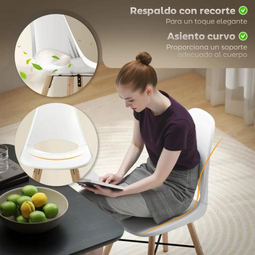 Pack de 2 Sillas de Comedor de Plástico con Respaldo Curvado y Patas de Madera de Caucho Blanco [2]