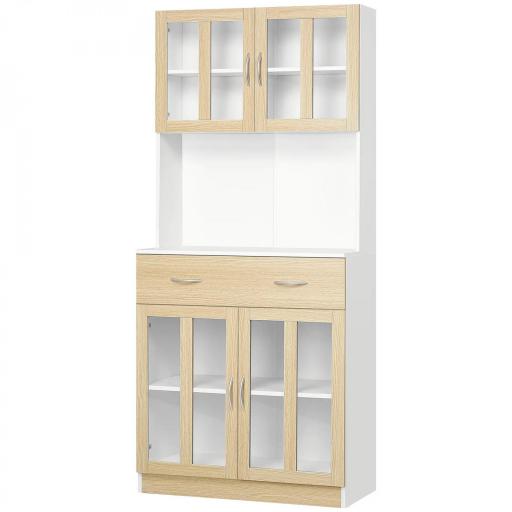 Alacena de Cocina con 4 Puertas de Vidrio Encimera Abierta Cajón Estantes Ajustables 80x40x180 cm Blanco y Natural [9]