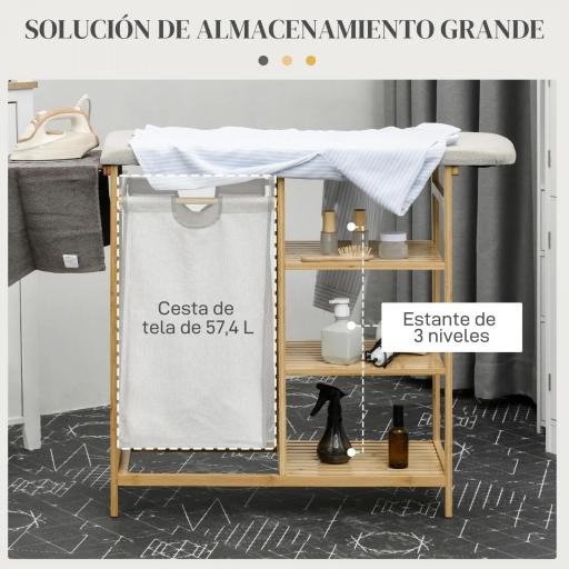 Cesto de Ropa Sucia 57,4L con Tabla de Planchar Soporte para Plancha 3 Estantes y Bolsa Extraíble 113x34x82 cm Natural [3]