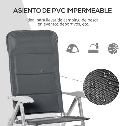 Silla de Jardín Plegable Portátil de Aluminio con Respaldo Alto Ajustable en 7 Posiciones y Reposacabezas Acolchado para Exterior Terraza Camping 75x61,5x114,5 cm Gris [6]