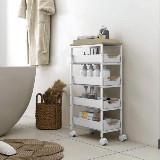 Carro de Cocina de 5 Niveles Carrito Auxiliar con Ruedas Tablero Efecto Madera Cajones Extraíbles 39,5x24x82 cm Blanco [8]