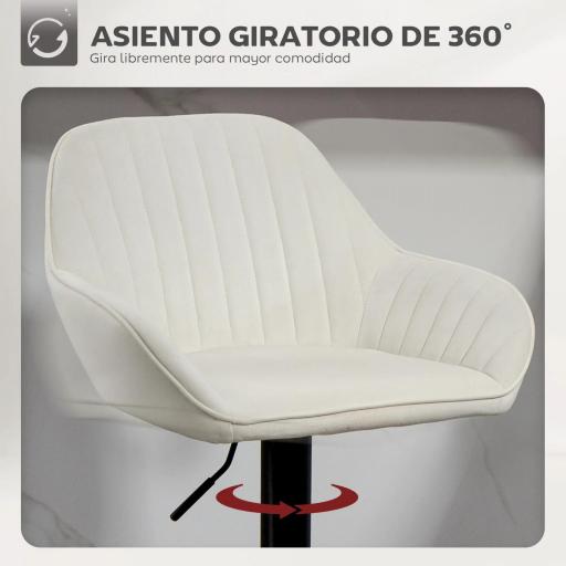 Juego de 2 Taburetes de Bar Giratorios Altura Ajustable 62-83 cm Tapizada en Terciopelo Respaldo y Reposapiés Crema [7]