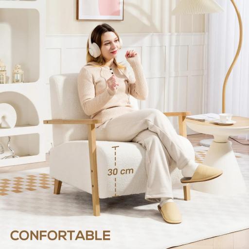 Sillón Nórdico de Borreguito Acolchado Grueso y Patas de Madera Asiento Amplio para Salón Dormitorio 74,5x76x78 cm Crema [2]