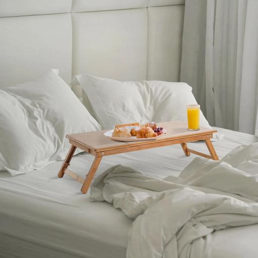 Mesa de Ordenador Portátil Bambú Bandeja de Cama Desayuno Plegable Reclinable Altura Ajustable Soporte Escritorio de regazo 1 Cajón 72x35x22-30cm