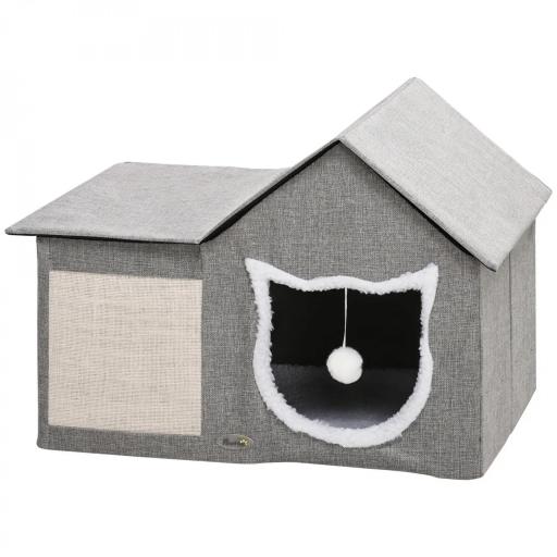 Caseta para Gatos Casa para Gatos Interior con Almohadilla para Rascar Cojín Suave y Bola Colgante 65x41x45,5 cm Gris [6]