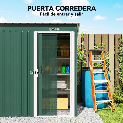 Cobertizo de Jardín Exterior 1,16 m² 163x89x182 cm Caseta Metálica con Puerta Corredera y Techo Inclinado Verde [4]
