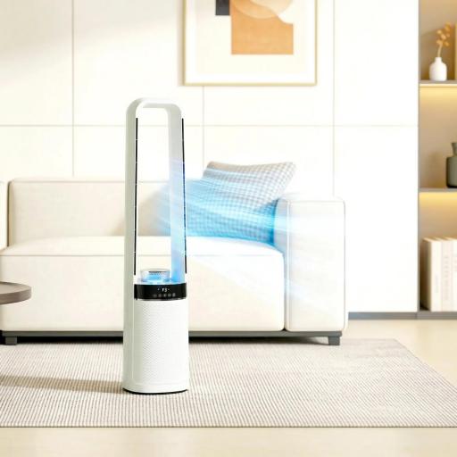 Ventilador de Torre Silencioso sin Aspas con Luces LED de 4 Colores Mando a Distancia Temporizador de 12 horas Blanco