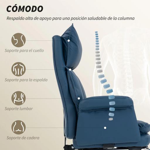 Silla de Escritorio con Reposapiés Respaldo Reclinable Alto Acolchado Grueso Tapizada en Cuero Sintético Ruedas Azul [2]
