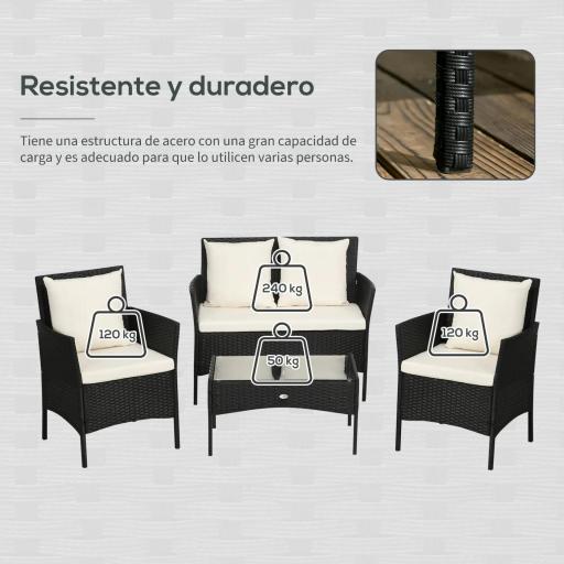 Conjunto de Jardín de Ratán Sintético con 2 Sillones 1 Sofá de 2 Plazas 1 Mesa de Centro y Cojines Negro y Crema [4]