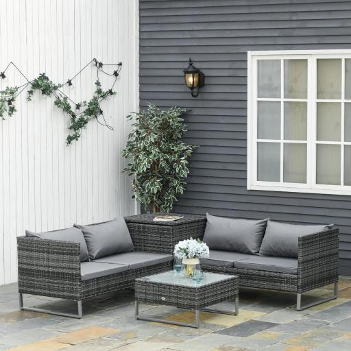 Conjunto de 4 Muebles de Jardín de Ratán con 2 Sofás Dobles Mesa Central Mesa con Arcón Cojines Extraíbles para Terraza Exterior 132x69x64 cm Gris