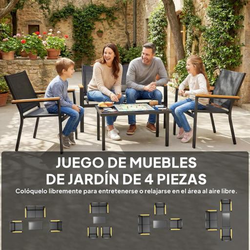 Conjunto Jardín Exterior de 4 Piezas con Sofá de 2 Plazas 2 Sillones Mesa de Cristal Templado Tela Textilene Negro [4]