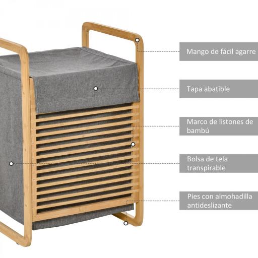 Cesto para Ropa Sucia de Bambú Cesto Rectangular de Ropa Portátil con Tapa y Bolsa Extraíble Mueble de Baño Dormitorio 40x35,5x60,5 cm Color Natural y Gris [7]