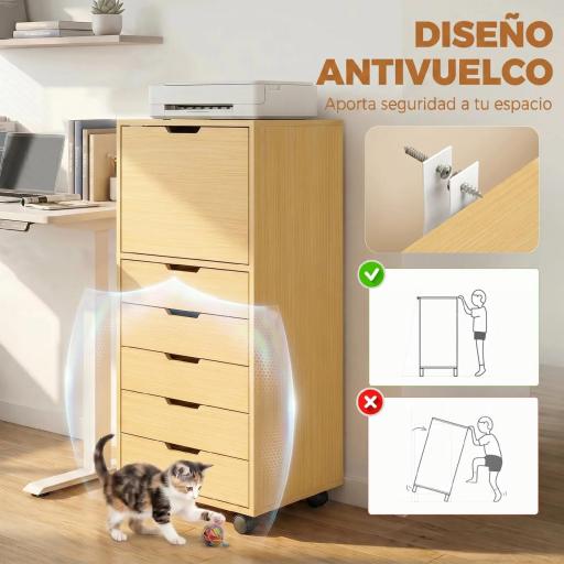 Cajonera de Oficina con 5 Cajones Ruedas y Armario con Cierre Suave Soporte para Impresora Natural [3]