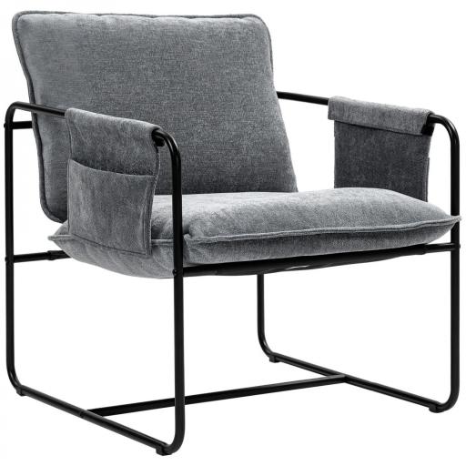 Butaca Moderna para Relax con Tapizado en Chenilla Estructura de Acero y Reposabrazos con Bolsillos 68x76x81 cm Gris [9]