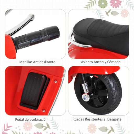 Moto Eléctrica Infantil Coche Triciclo Vespa Scooter Eléctrico a Batería con Luz MP3 USB Bocina para Niños Más de 3 Años Carga 25kg Rojo [5]