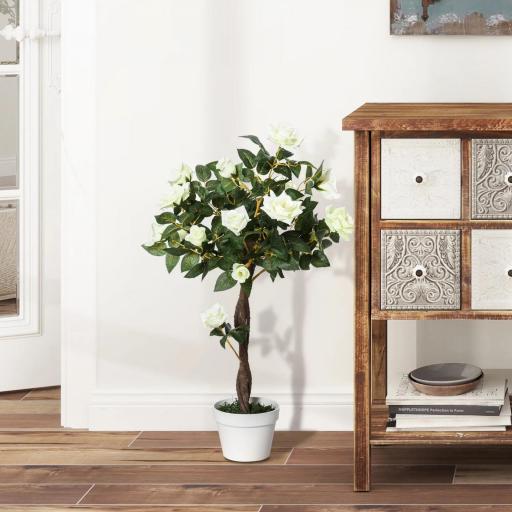 Planta Artificial de 90 cm Rosa Blanca Realista con 21 Flores y 350 Hojas Anti-UV Maceta de Cemento Verde [2]
