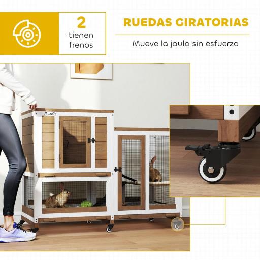 Conejera de Madera de 2 Niveles Jaula para Conejos con Ruedas Escaleras y Bandejas Extraíbles 110x50x86 cm Marrón [2]