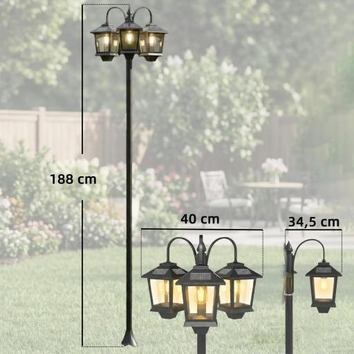 Farola Solar Exterior de Jardín de Aluminio con 3 Cabezales con Encendido/Apagado Automático IP44 40x34,5x188 cm Negro [1]