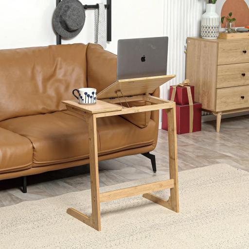 Mesa Auxiliar de Bambú en Forma de C con Encimera Abatible y Ángulo Ajustable 140-180° 60x33x67 cm Natural