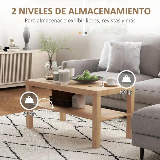 Mesa de Centro Moderna Mesa Baja con 2 Estantes de Almacenamiento Mesita para Salón Carga 20 kg 90x45x44,5 cm Natural [3]