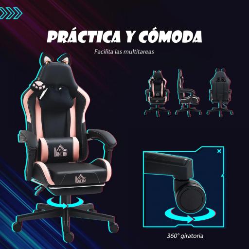 Silla Gamer Reclinable con Altura Ajustable Reposapiés Retráctil Soporte Lumbar y Reposacabezas Desmontable Negro [1]