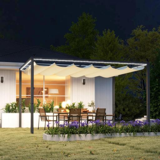 Pérgola de Aluminio 4x3 m Gazebo con Luces LED Solares y Techo Retráctil para Jardín Crema