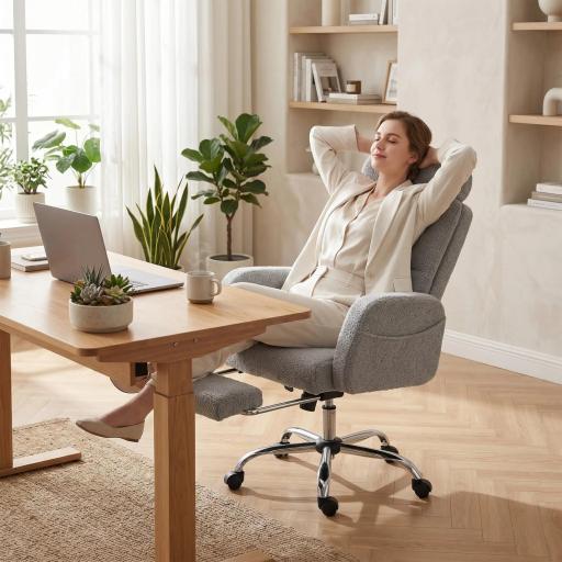 Silla de Escritorio con Reposapiés Tapizada en Borreguito con Respaldo Reclinable Reposacabezas Ajustable Gris Claro [5]