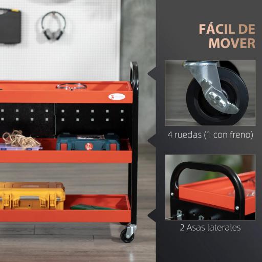 Carro de Herramientas con 3 Estantes Paneles Perforados y Ruedas con Freno para Garaje Taller Almacén 75x35x80 cm Negro [5]