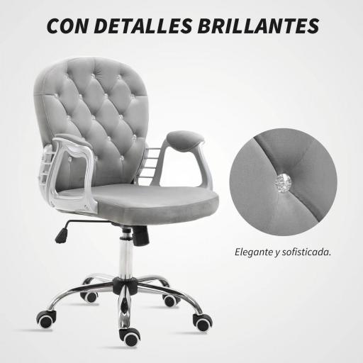 Silla de Escritorio de Terciopelo con Altura Ajustable Reposabrazos y Decoraciones de Diamantes 59,5x60,5x93-103 cm Gris [2]