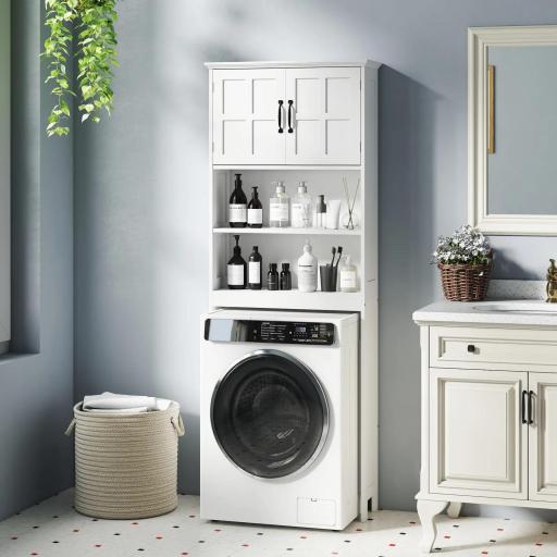 Mueble sobre Inodoro con 2 Puertas Estantes Abiertos y Estante Ajustable Mueble para Baño 66x23x178 cm Blanco [3]