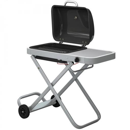 Barbacoa de Gas Plegable con Quemador 2,5 kW Tapa Termómetro Mesa Lateral y 2 Ruedas Parrilla Recogedor Grasa Negro [8]