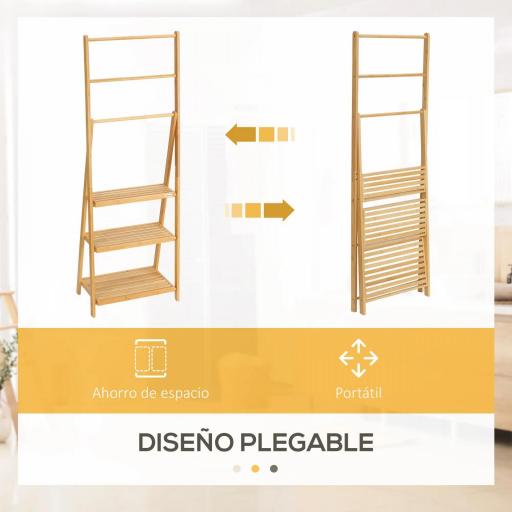 Toallero de Pie de Bambú con 3 Barras Tipo Escalera Plegable con 3 Estantes para Baño 53x30,5x152 cm Natural [3]