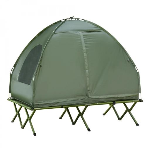 Cama Doble de Camping Plegable con Tienda de Campaña 4 en 1 Cama de Campamento Elevada con Colchón Hinchable y Bolsa de Transporte Tela Oxford Acero 193x145x180 cm Verde [12]
