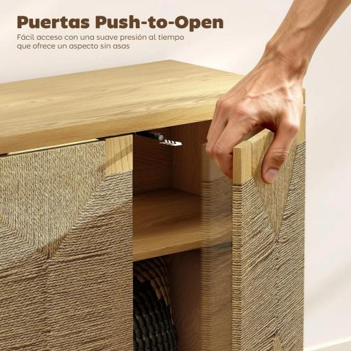 Aparador Bohemio de 2 Puertas con Cuerda Tejida a Mano Estante Ajustable Apertura por Presión Roble 60x40x78 cm [6]