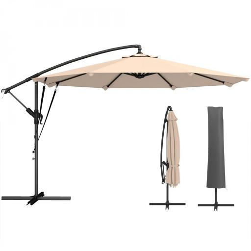Parasol Excéntrico Ø300 cm con Base Cruzada Manivela Funda Protectora y Cuerdas de Viento UPF30+ Caqui [7]