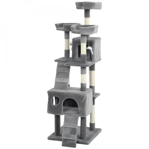 Árbol Rascador para Gatos Árbol para Gatos 153 cm con 2 Cuevas 3 Camas 2 Rampas Postes de Sisal Ratones Colgantes Gris [8]