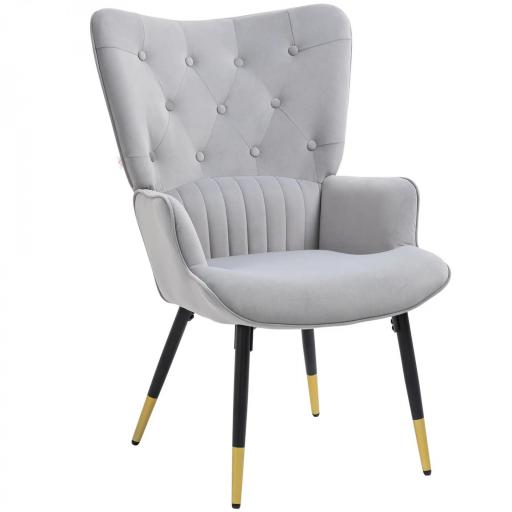 Butaca de Salón Sillón Individual Tapizado en Terciopelo con Respaldo Alto Estilo Moderno 68x72x103 cm Gris Claro [8]
