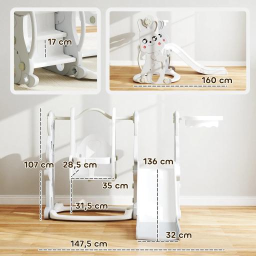 Tobogán Infantil con Columpio con Barandilla y Canasta 4 en 1 para Niños de +18 Meses 147,5x160x107 cm Gris [1]