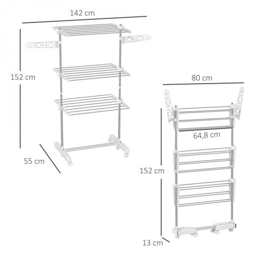Tendedero Vertical Plegable Tendedero de Ropa con 6 Ruedas 2 Laterales Abatibles Estantes Ajustables y Marco de Acero Inoxidable para Interior y Exterior Plata [1]