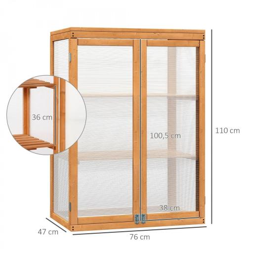Invernadero de Jardín de Madera y Policarbonato Invernadero Vivero Casero con 3 Estantes 2 Puertas y Tapa Abatible para Cultivo de Plantas Terraza Patio 76x47x110 cm Natural [1]