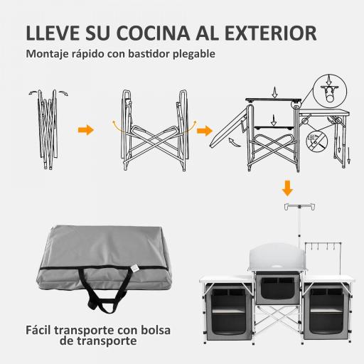 Mueble de Cocina para Camping Plegable con 3 Mesas 4 Ganchos Poste de Luz y Bolsa de Transporte 172x48x130 cm Gris [3]