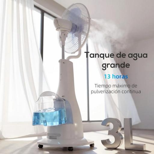Ventilador Nebulizador 90W Oscilación de 75° 3 Velocidades 5 Aspas Depósito de Agua de 3L 5 Ruedas Control Remoto [6]