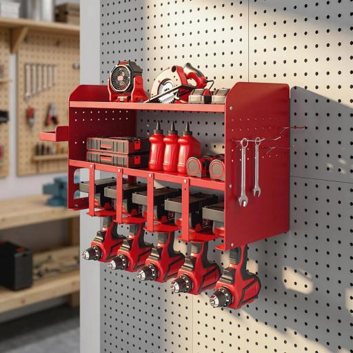 Organizador de Herramientas de Jardín Estante de Almacenamiento de Pared de 2 Niveles con Bandeja y Ganchos Rojo [6]